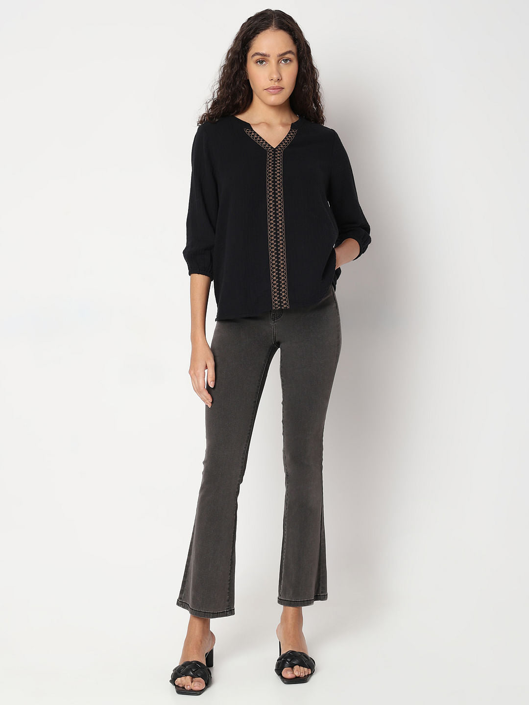 Black Cotton Mandarin Collar Top