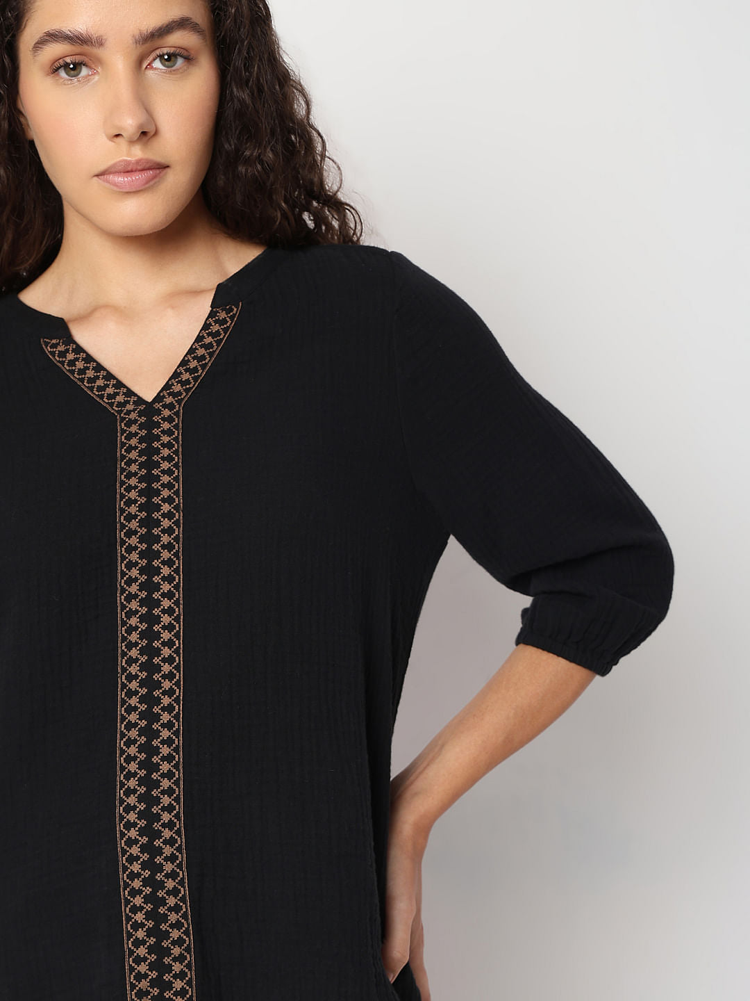 Black Cotton Mandarin Collar Top