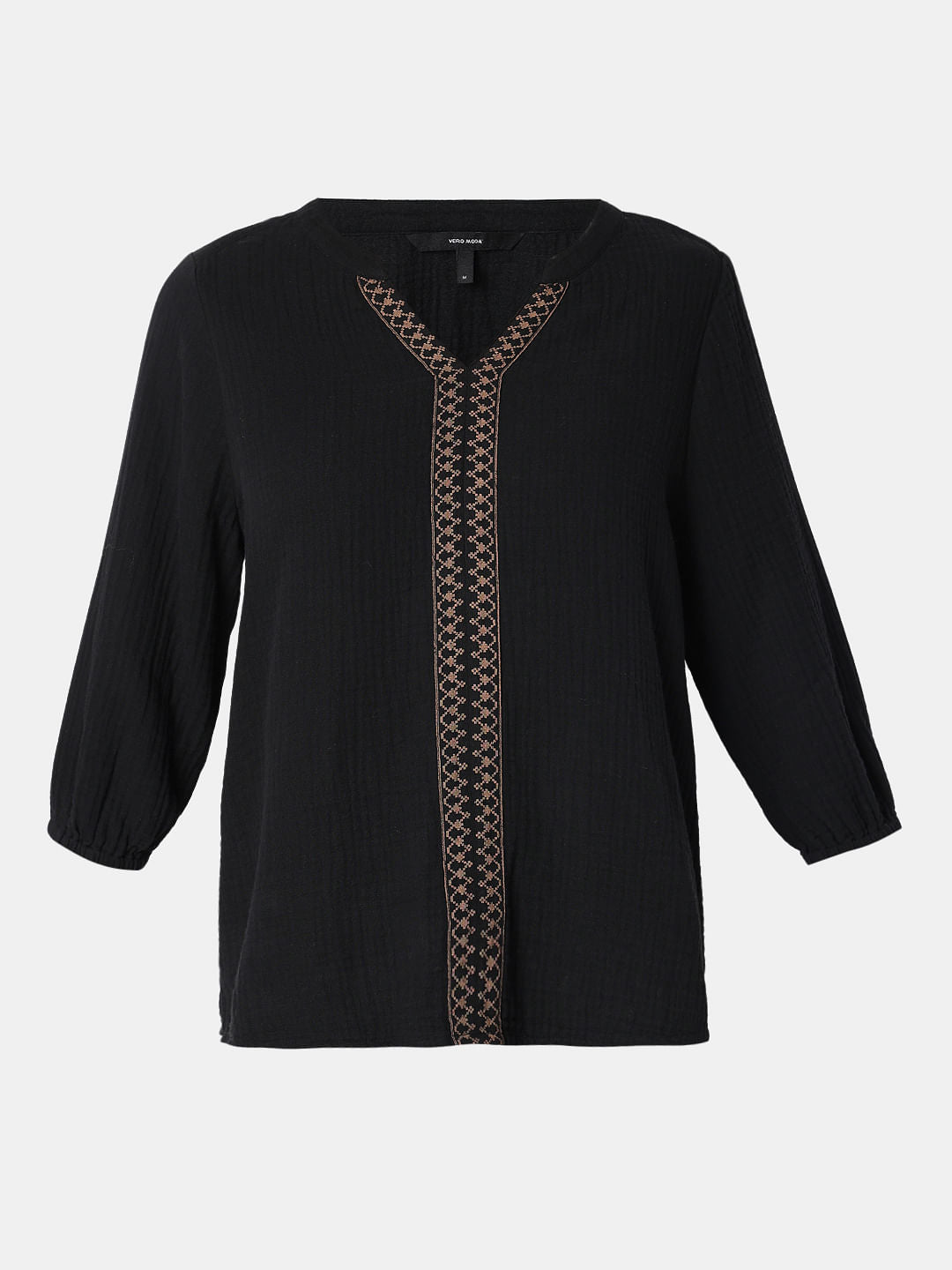 Black Cotton Mandarin Collar Top