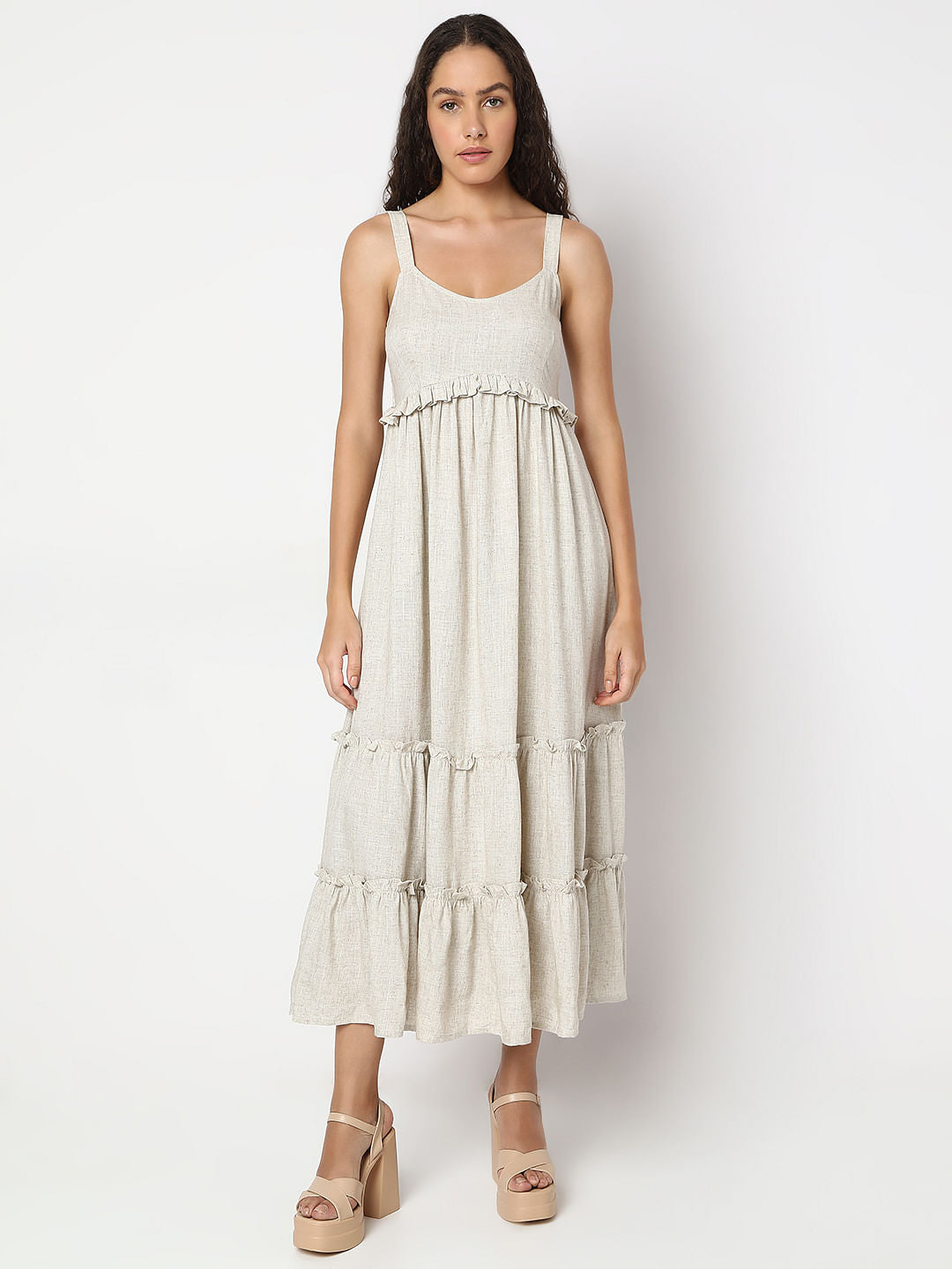 Beige Cotton Midi Dress