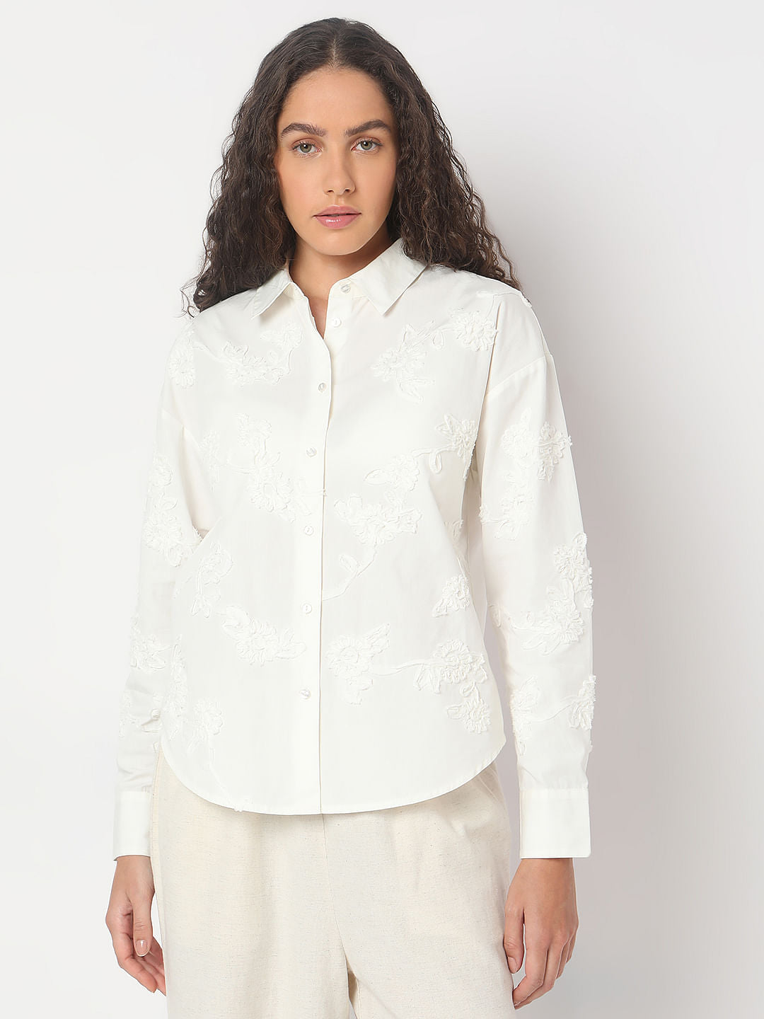 White Floral Appliqu Shirt