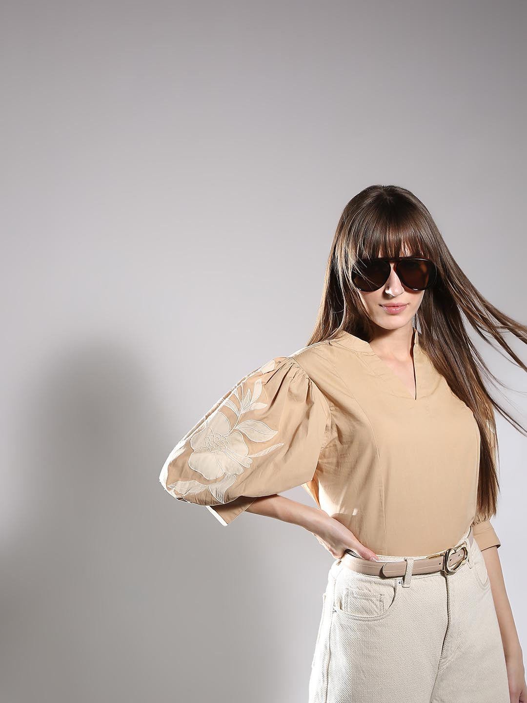 Vero Moda Beige V Neck Cotton Top