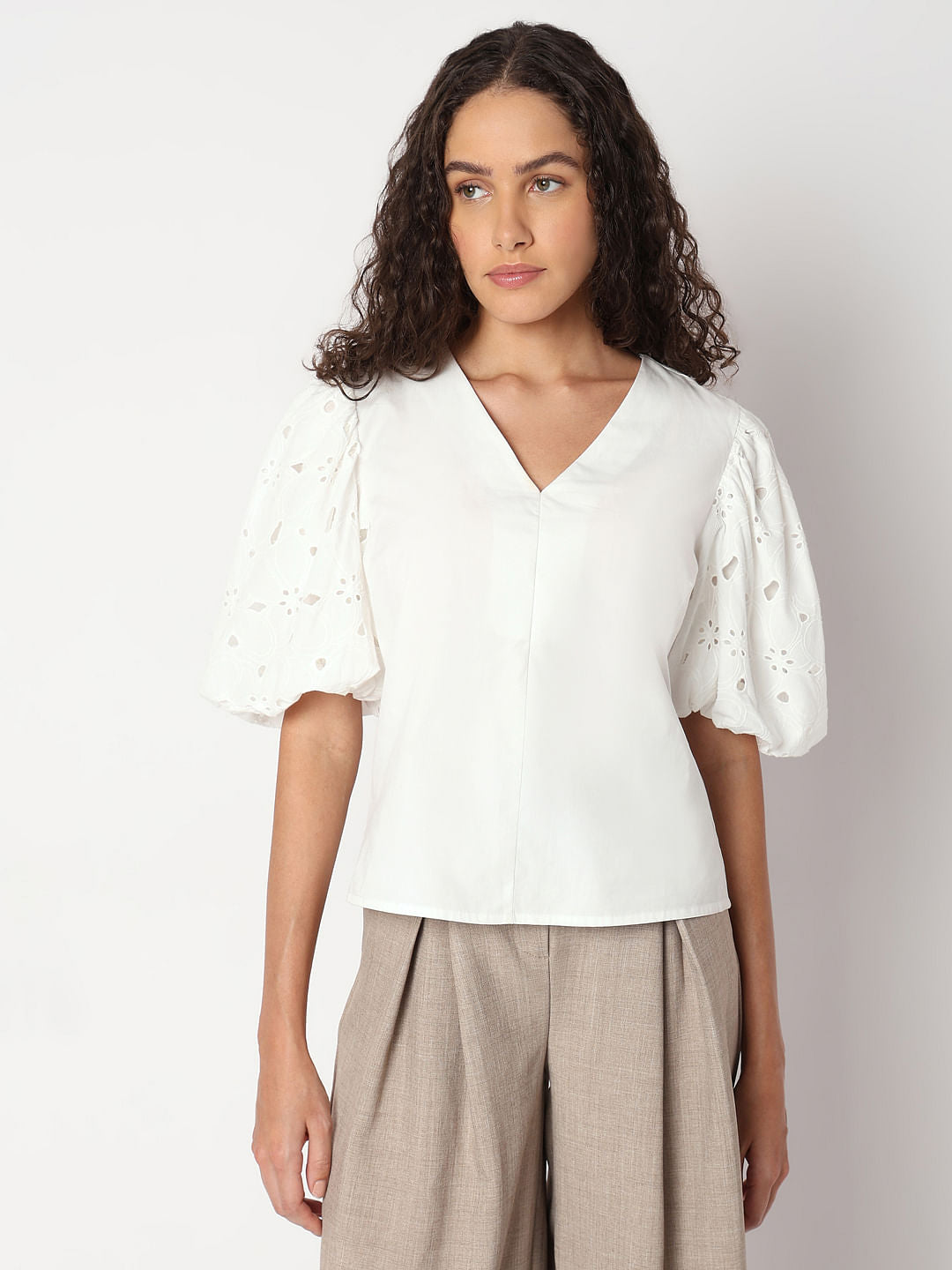 Bright White Cut-Work Sleeves Top