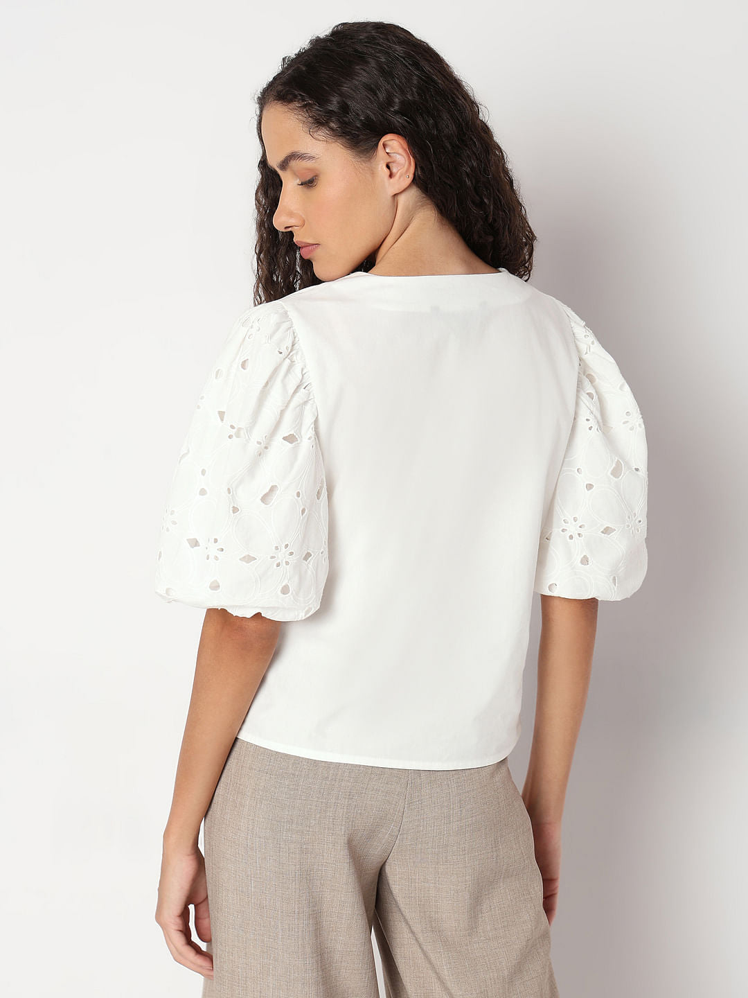 Bright White Cut-Work Sleeves Top