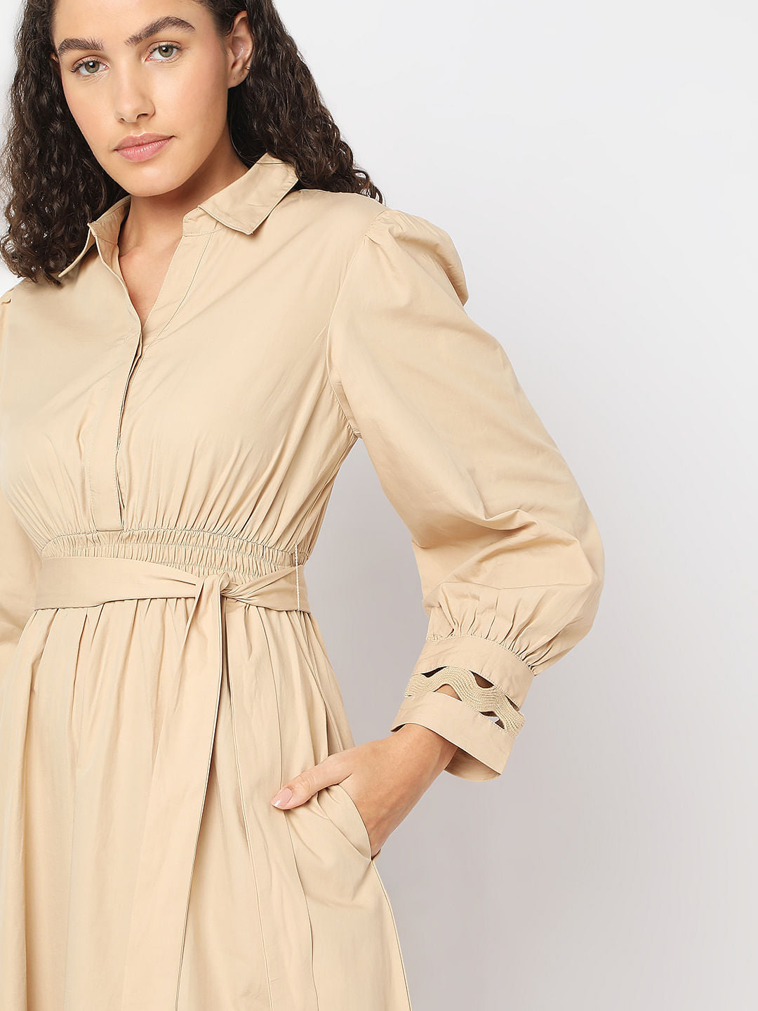 Beige Midi Shirt Dress