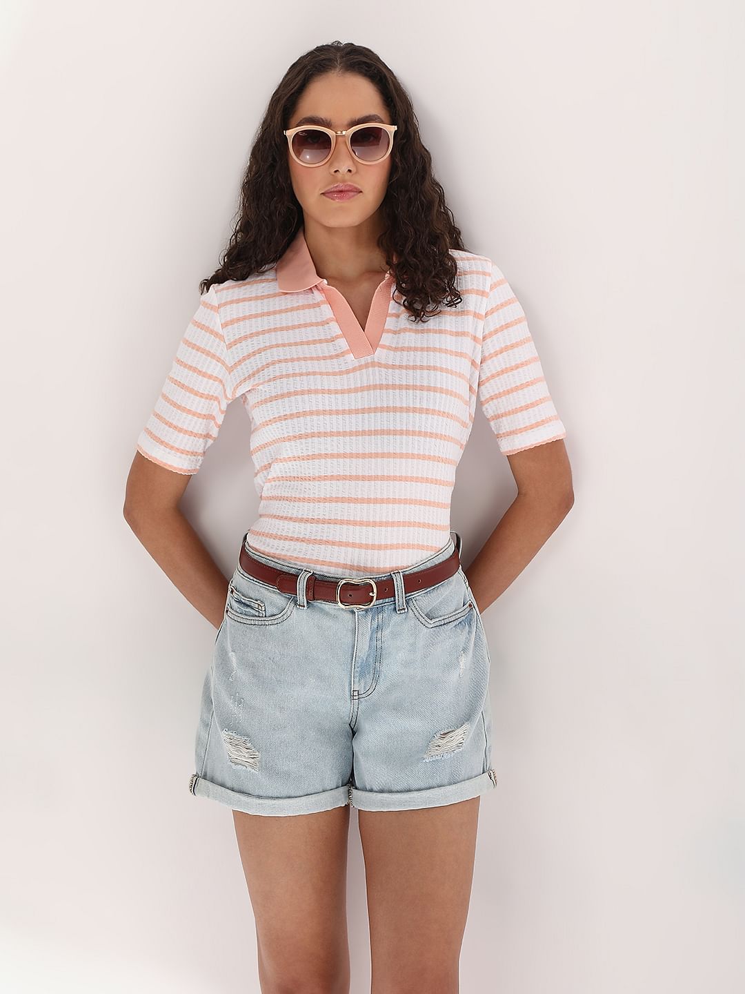 Pink Striped Rib-Knit T-Shirt