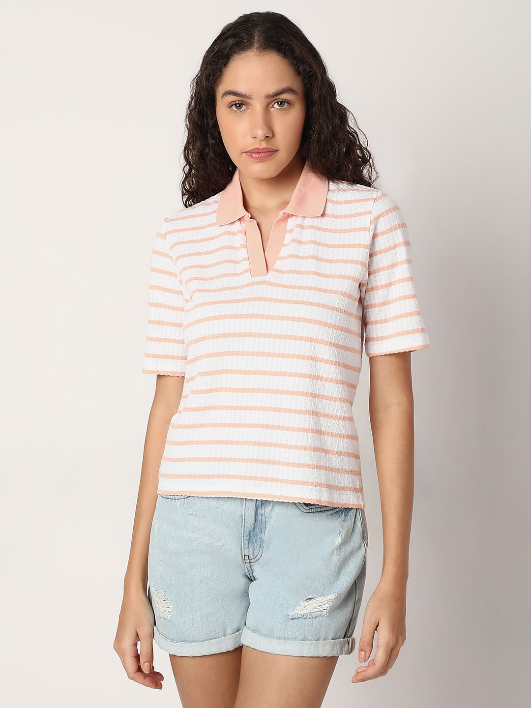Pink Striped Rib-Knit T-Shirt