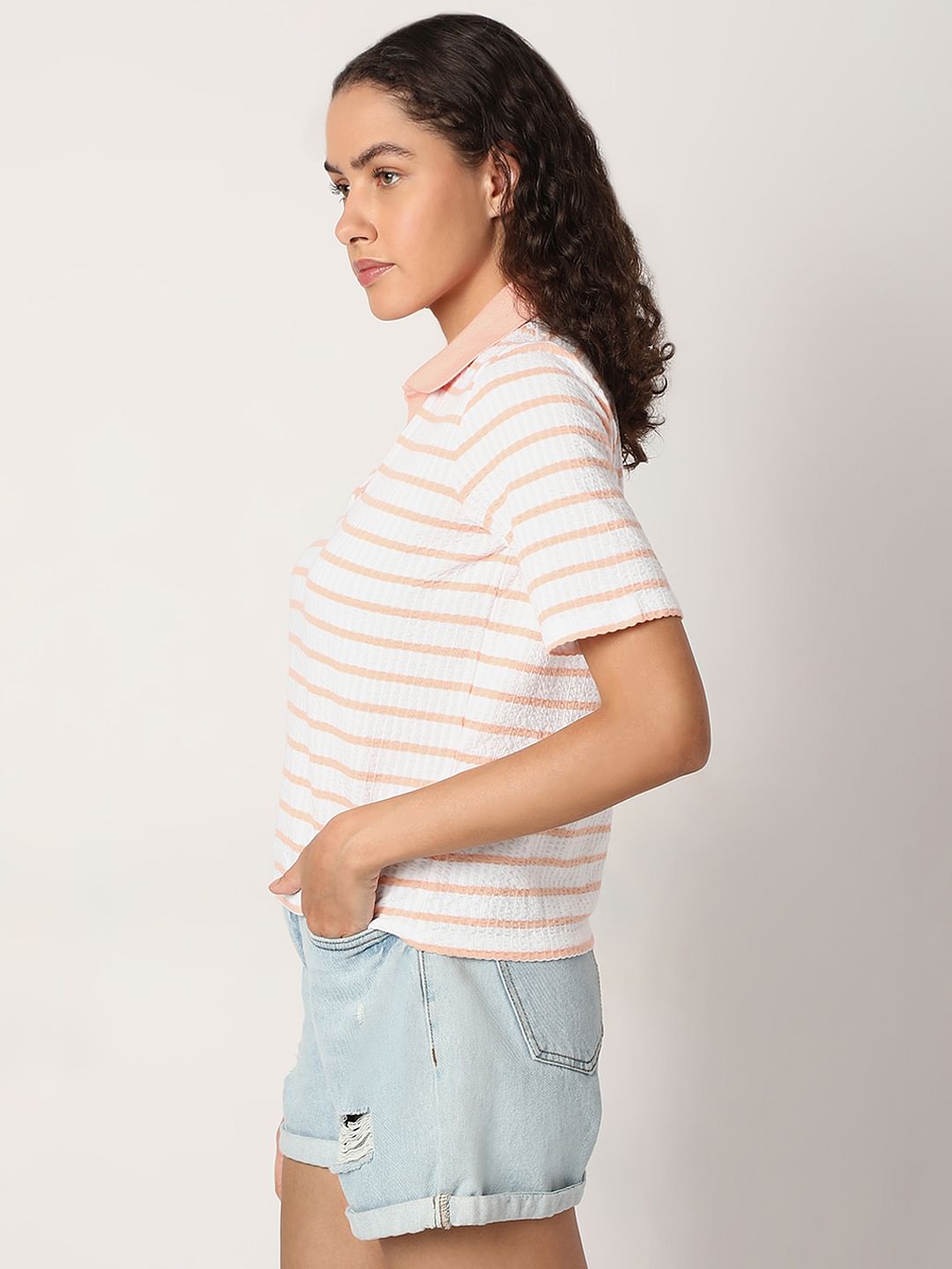 Pink Striped Rib-Knit T-Shirt