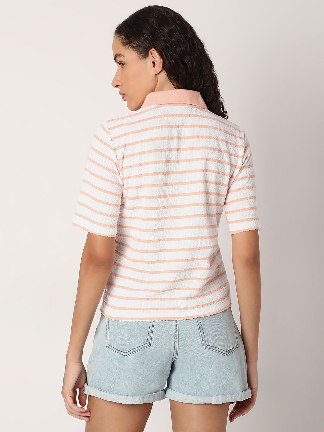 Pink Striped Rib-Knit T-Shirt
