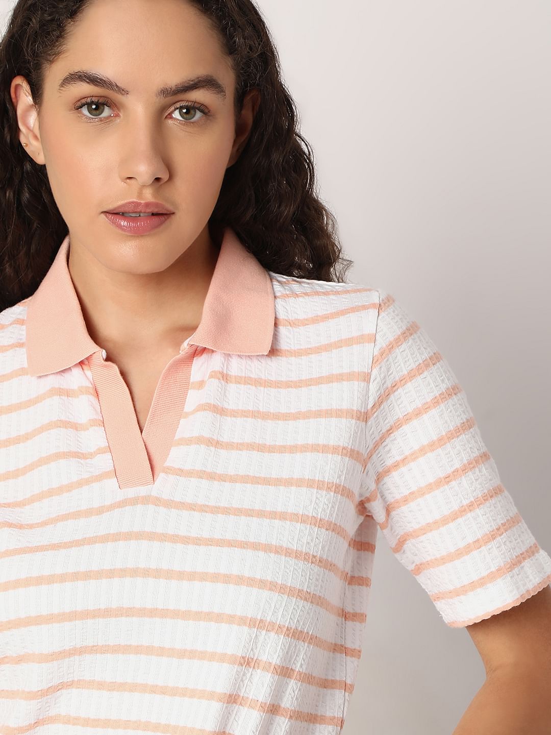 Pink Striped Rib-Knit T-Shirt