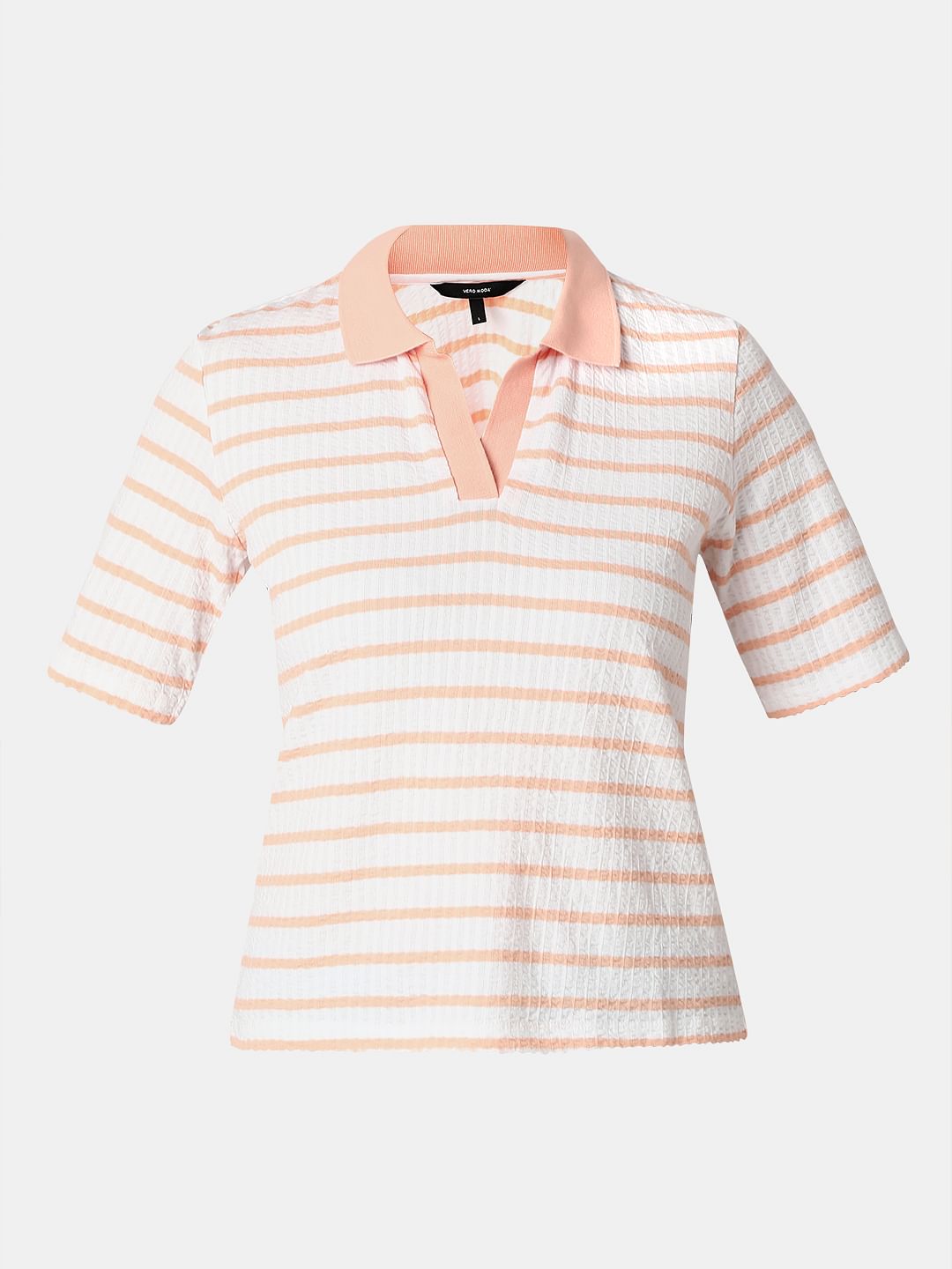 Pink Striped Rib-Knit T-Shirt