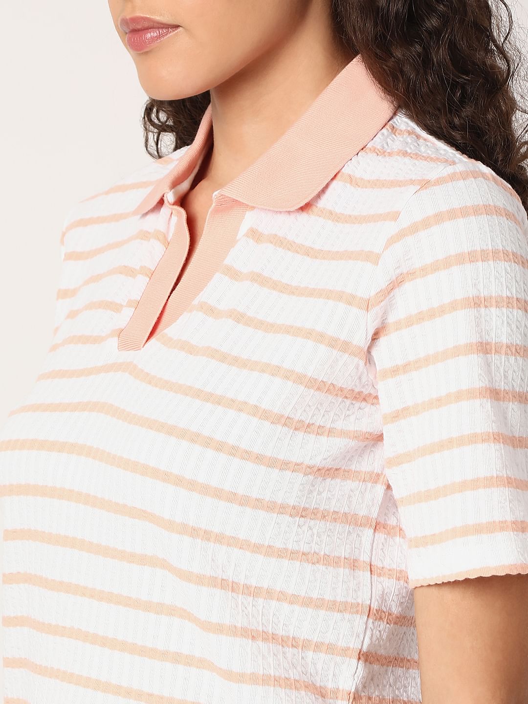 Pink Striped Rib-Knit T-Shirt