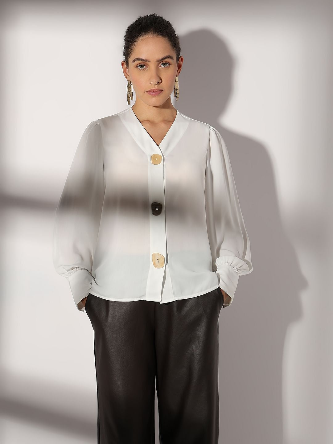 White Asymmetrical Button Top