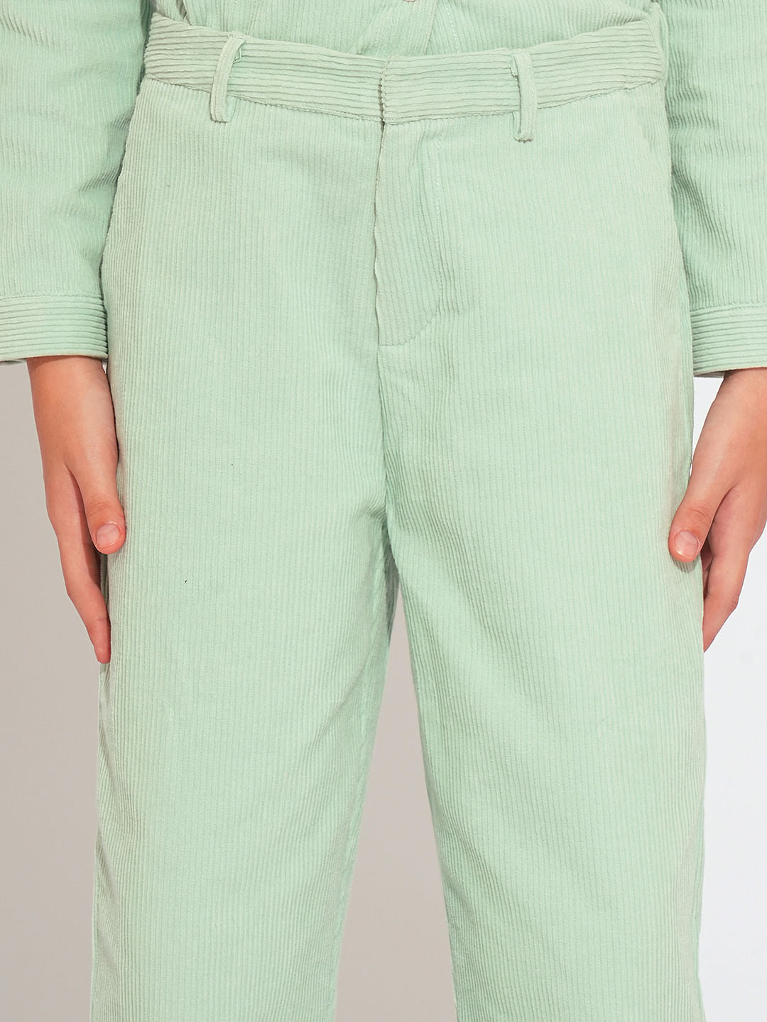 Girls Light Green Corduory Co-Ord Set Pant
