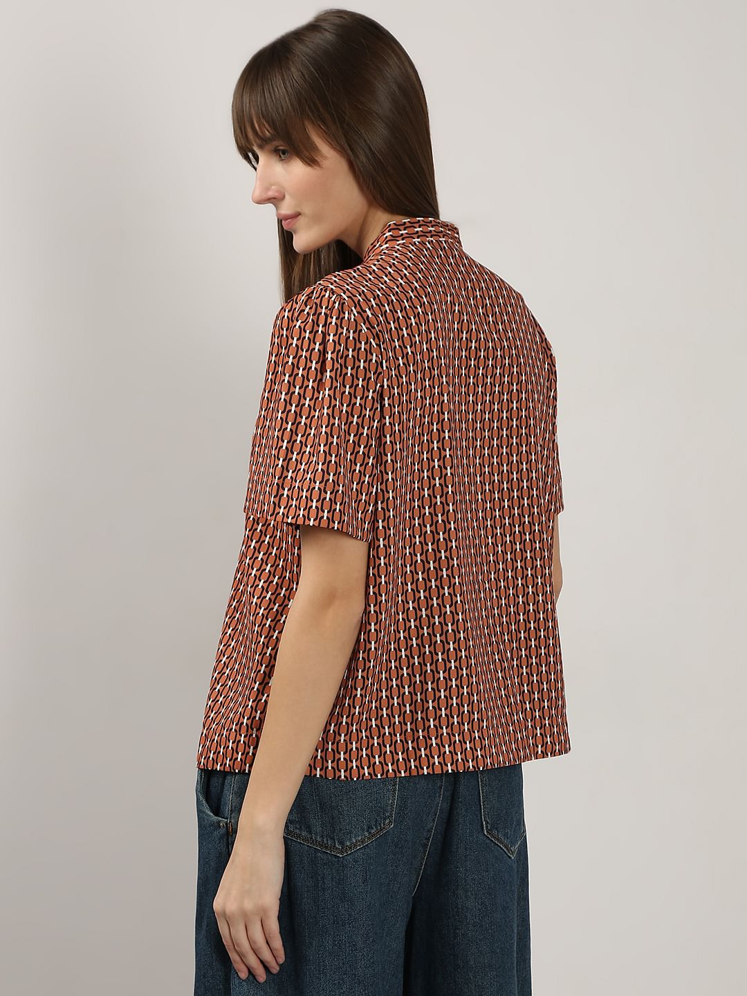Brown Printed V Neck Top