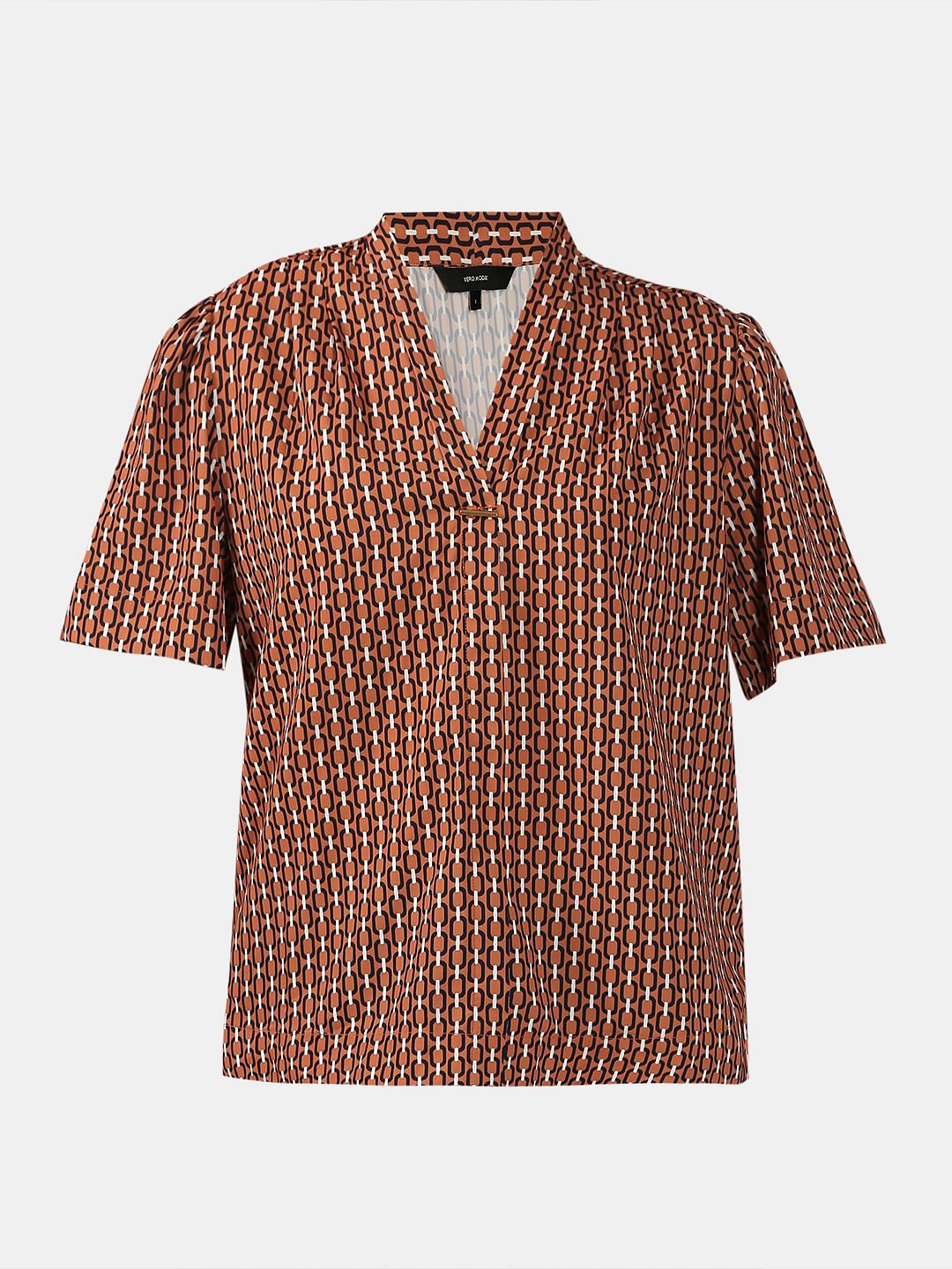 Brown Printed V Neck Top