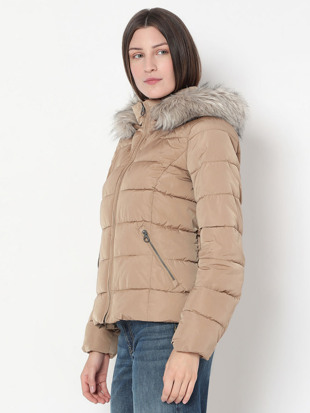 Brown Fur Hooded Puffer Jacket