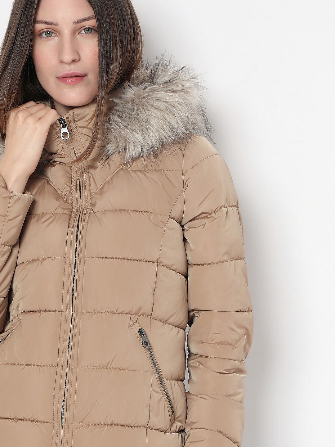 Brown Fur Hooded Puffer Jacket