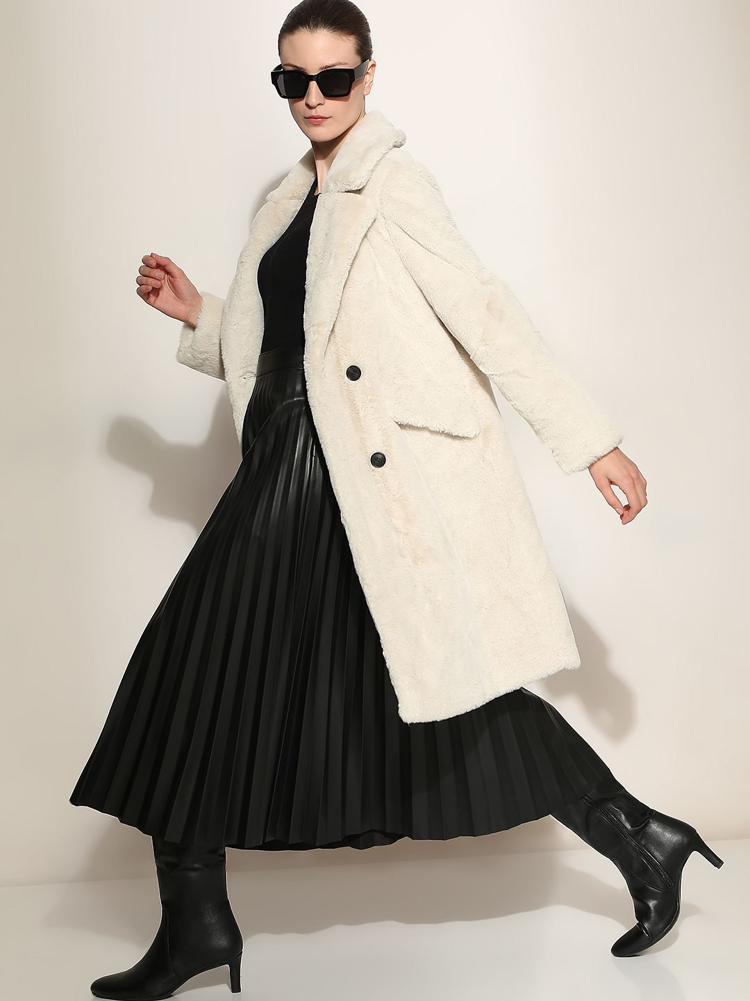 Beige Faux Fur Long Coat