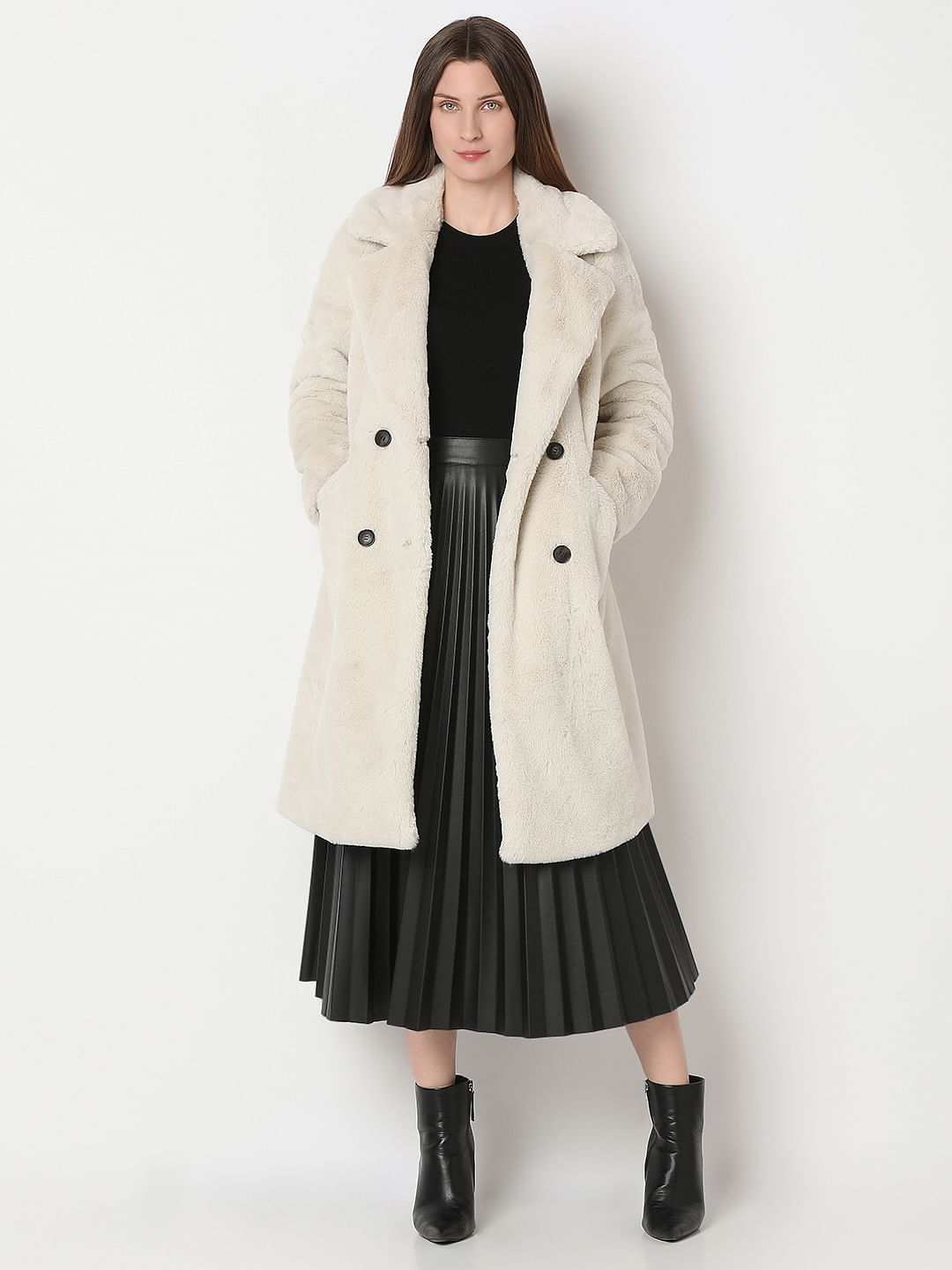 Beige Faux Fur Long Coat
