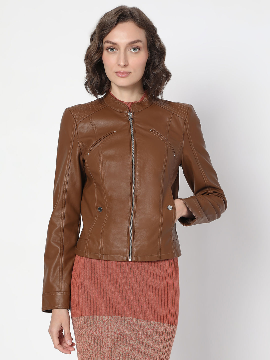 Dark Brown Coated Biker Jacket