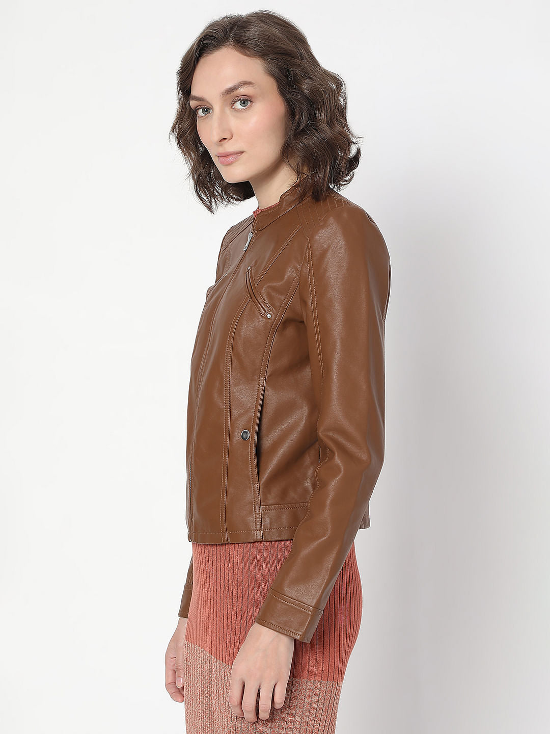 Dark Brown Coated Biker Jacket
