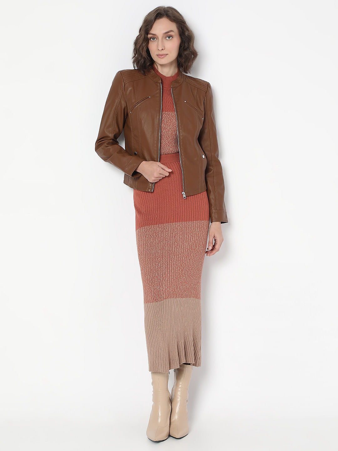 Dark Brown Coated Biker Jacket