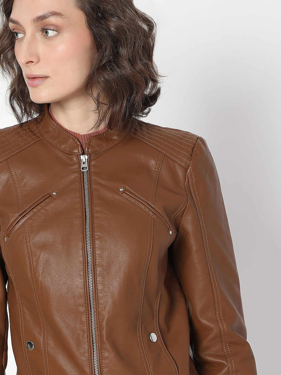 Dark Brown Coated Biker Jacket