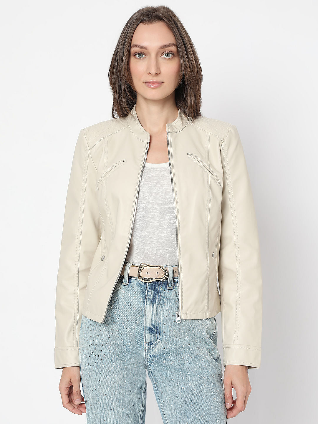 Beige Coated Biker Jacket