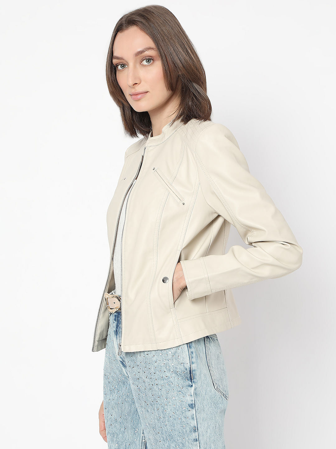Beige Coated Biker Jacket