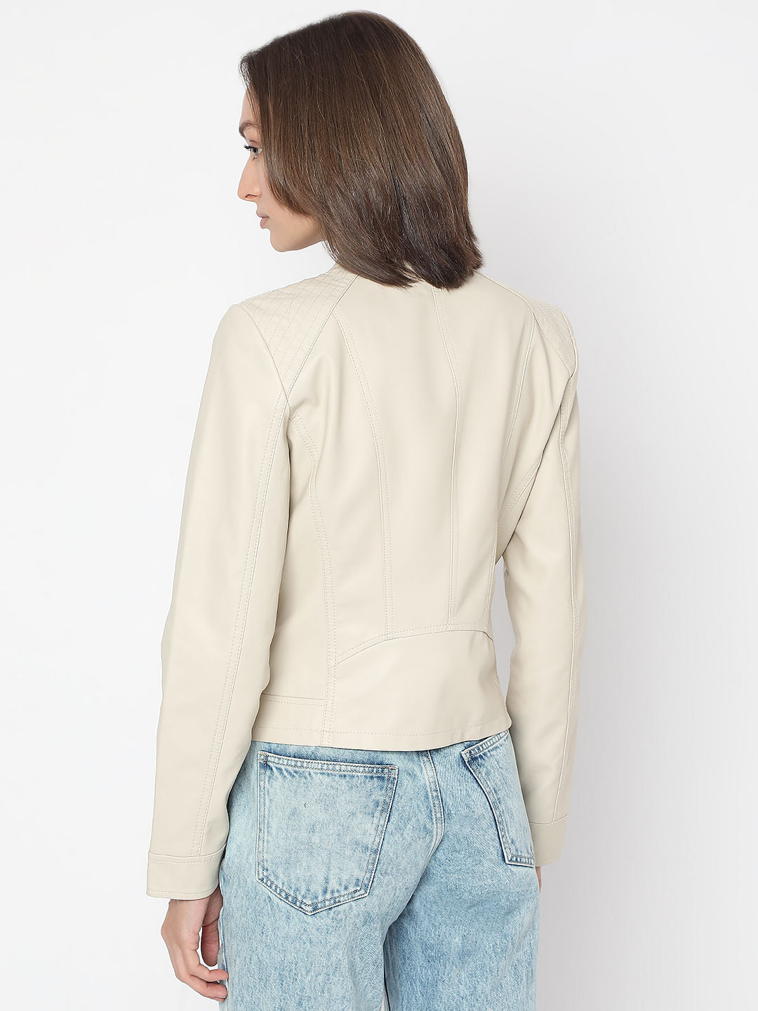 Beige Coated Biker Jacket
