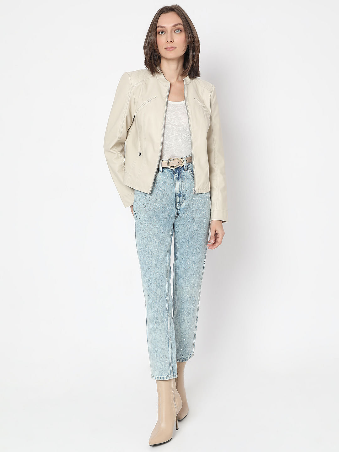 Beige Coated Biker Jacket