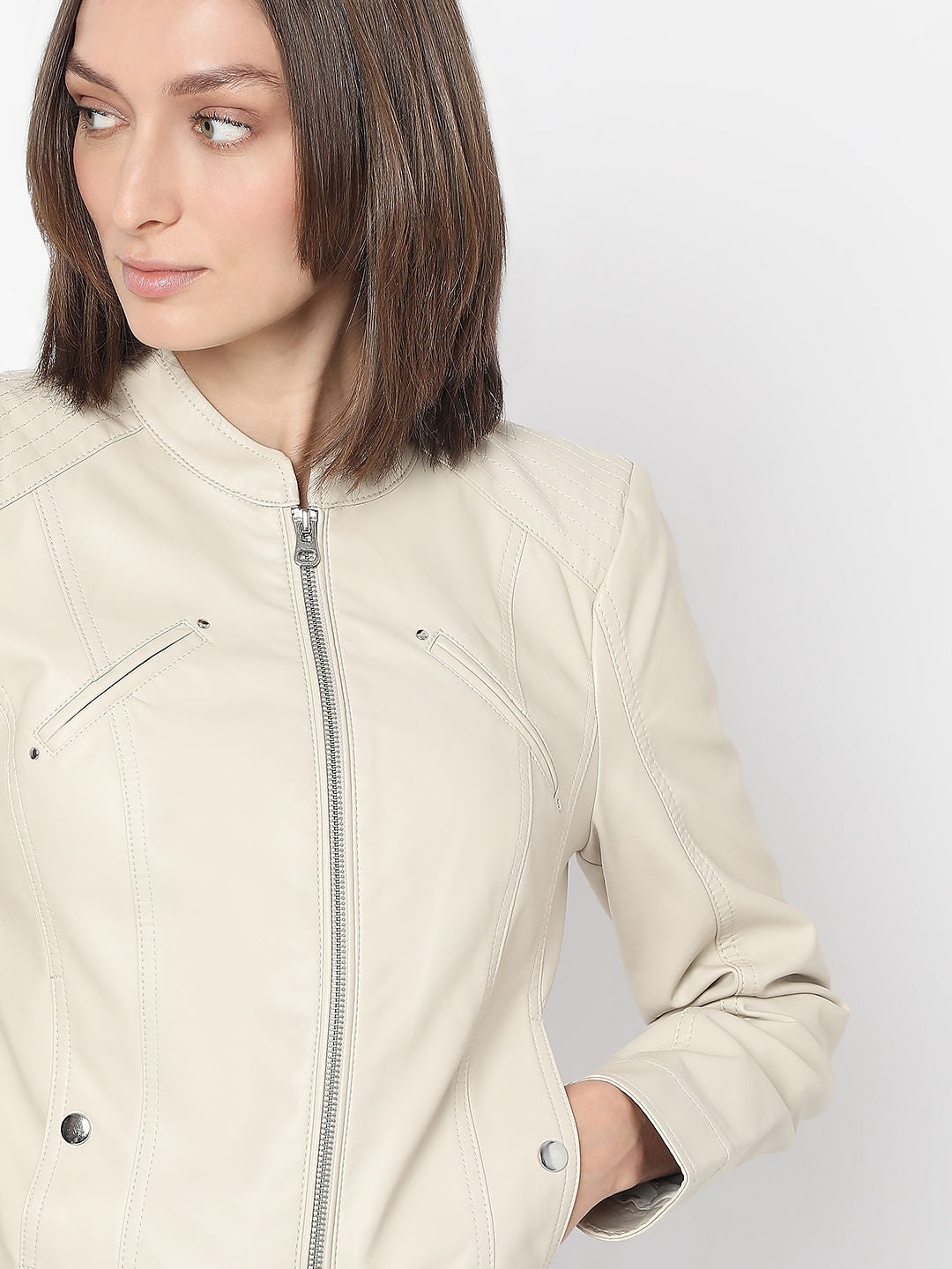 Beige Coated Biker Jacket