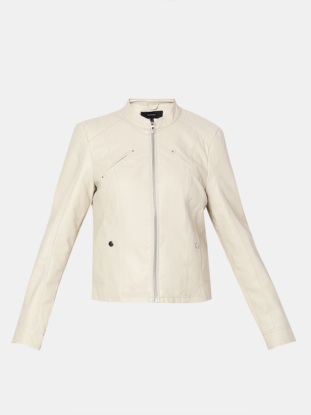 Beige Coated Biker Jacket