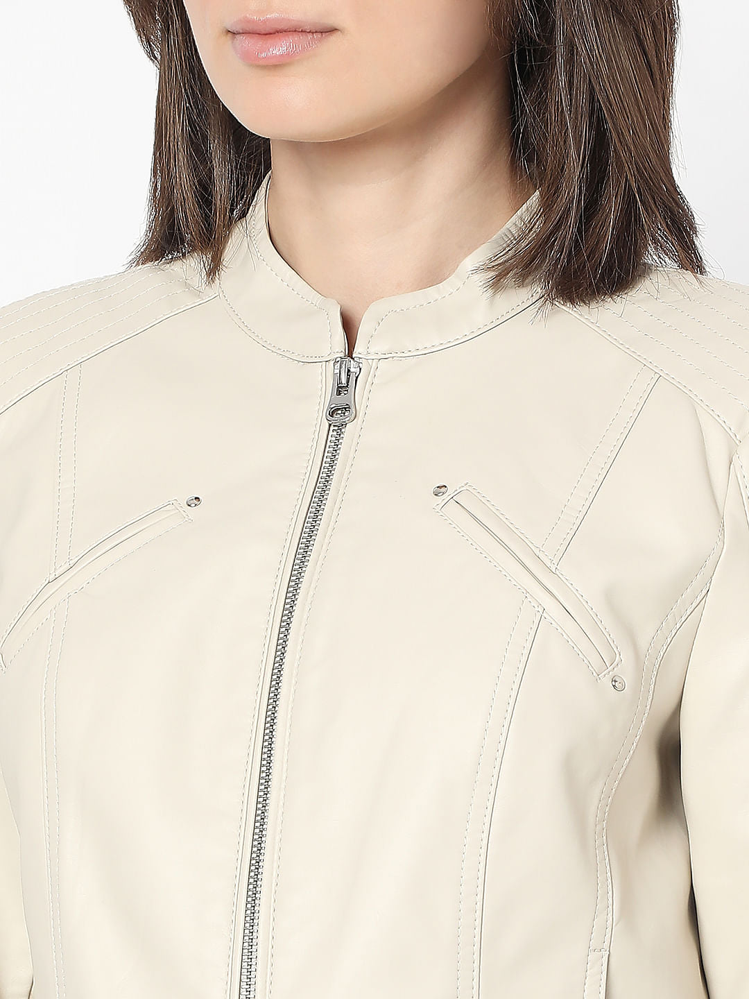 Beige Coated Biker Jacket