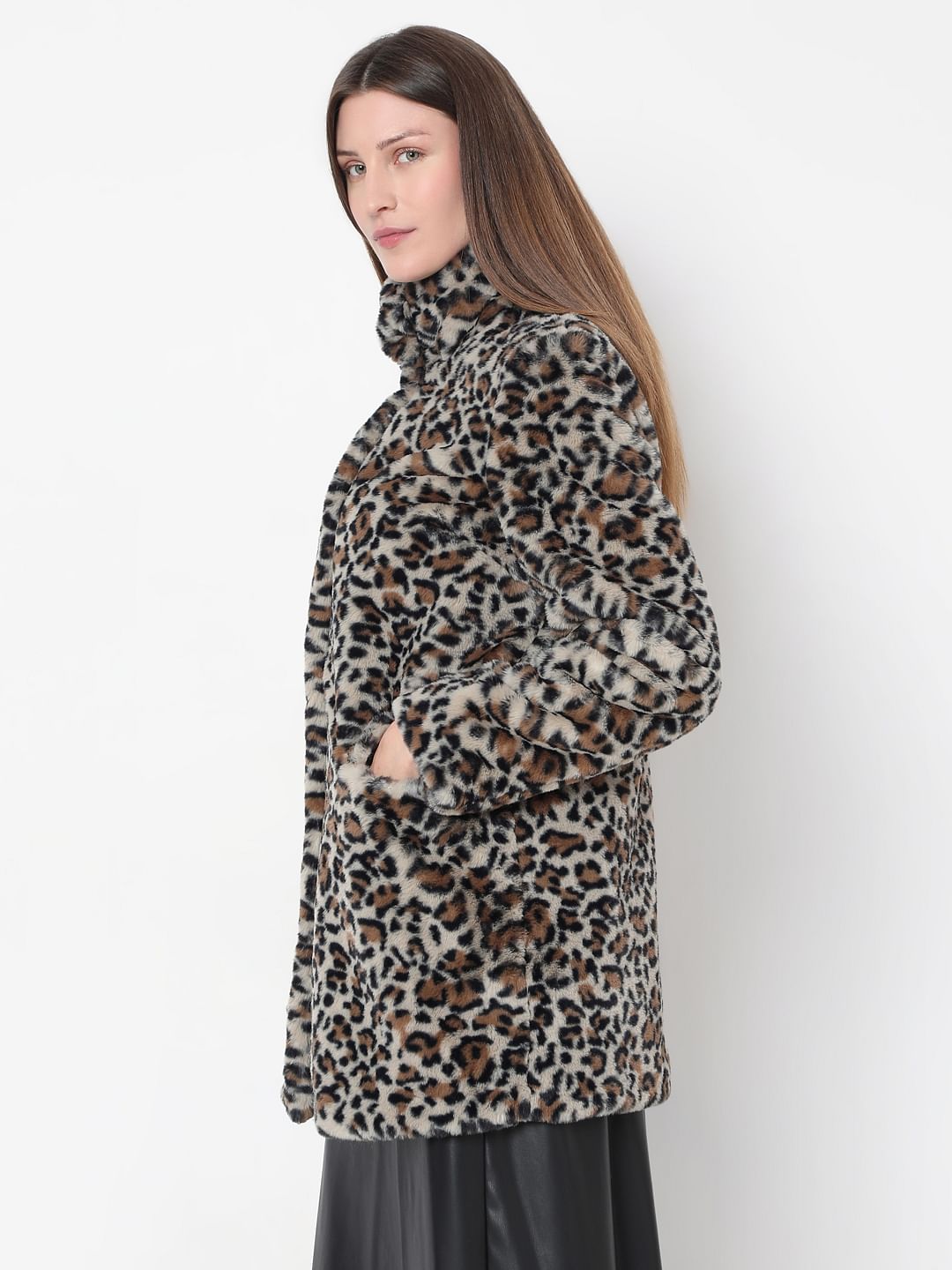 Brown Animal Print Faux Fur Jacket