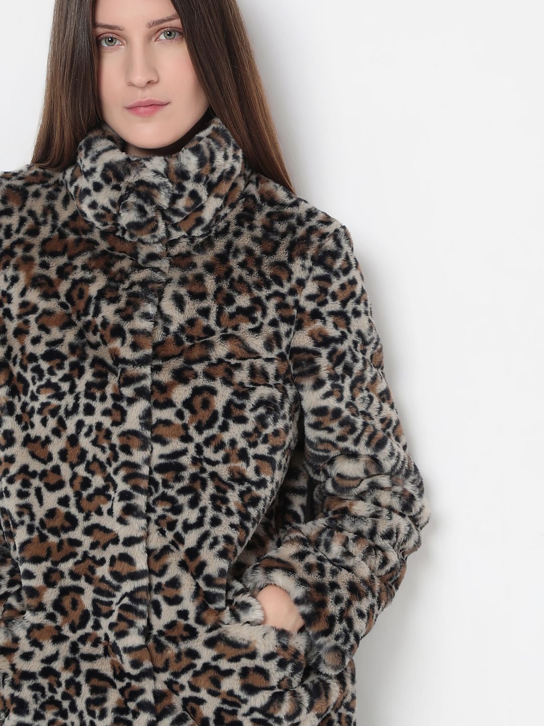 Brown Animal Print Faux Fur Jacket