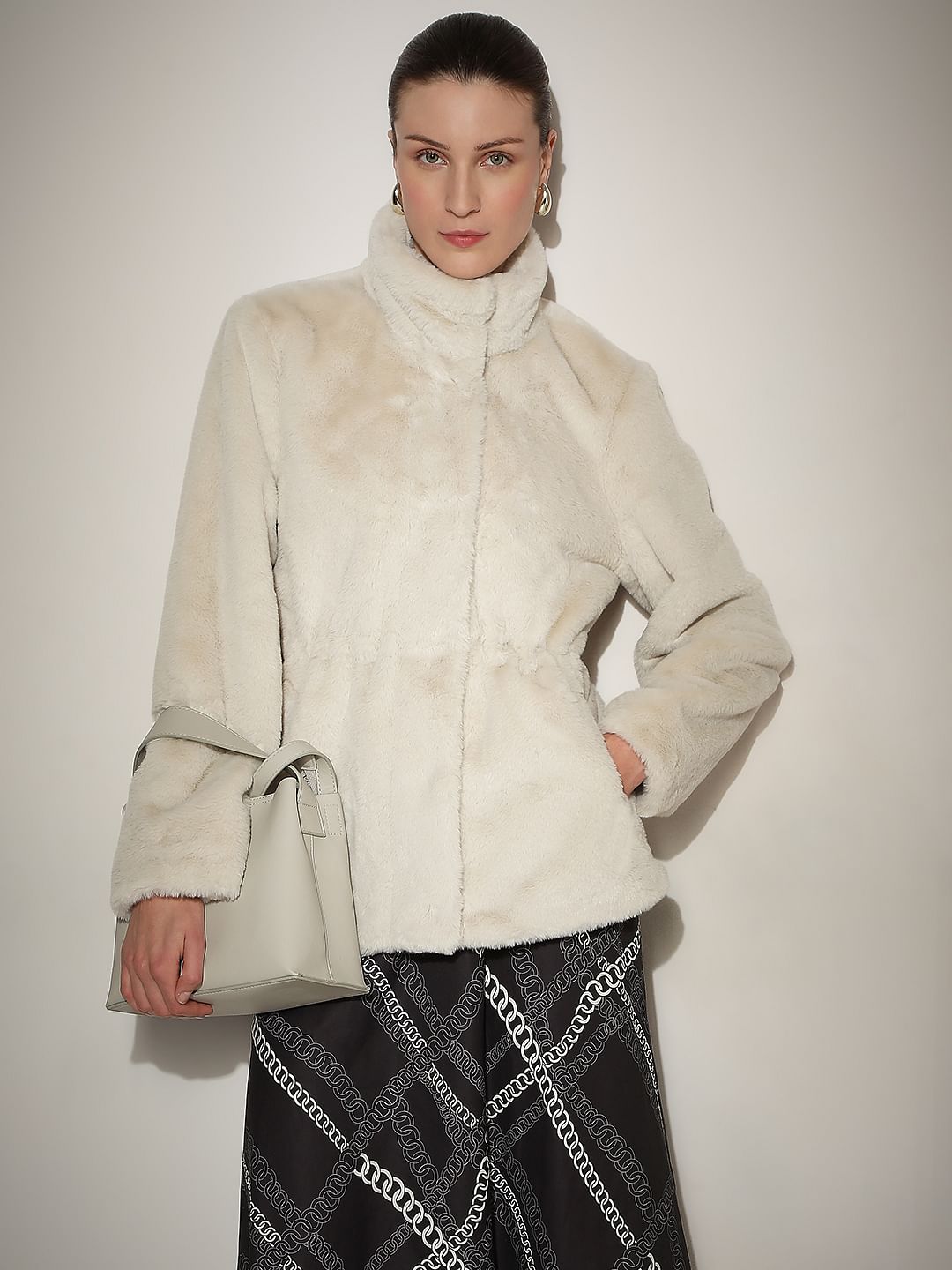 Beige High Neck Faux Fur Jacket