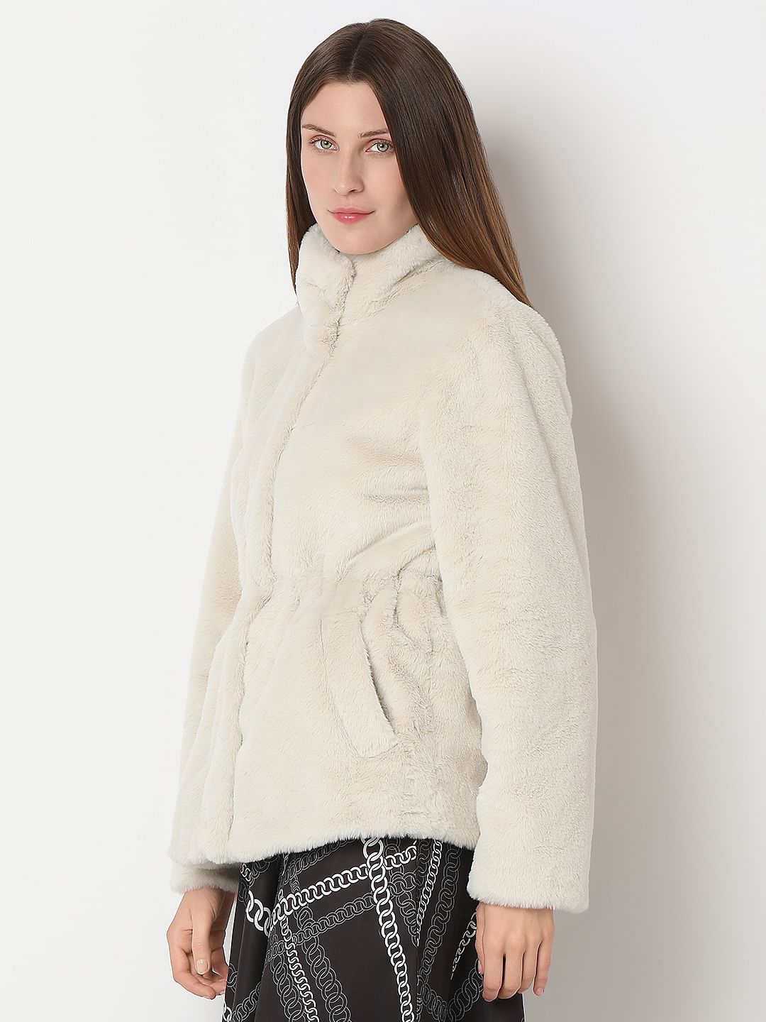 Beige High Neck Faux Fur Jacket