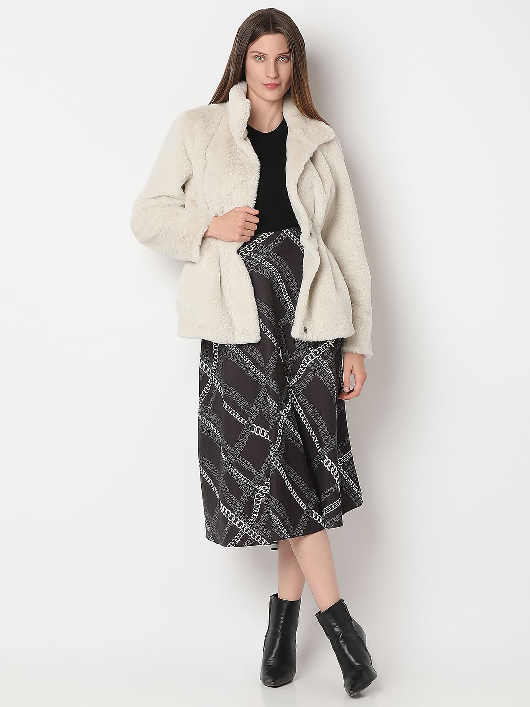 Beige High Neck Faux Fur Jacket