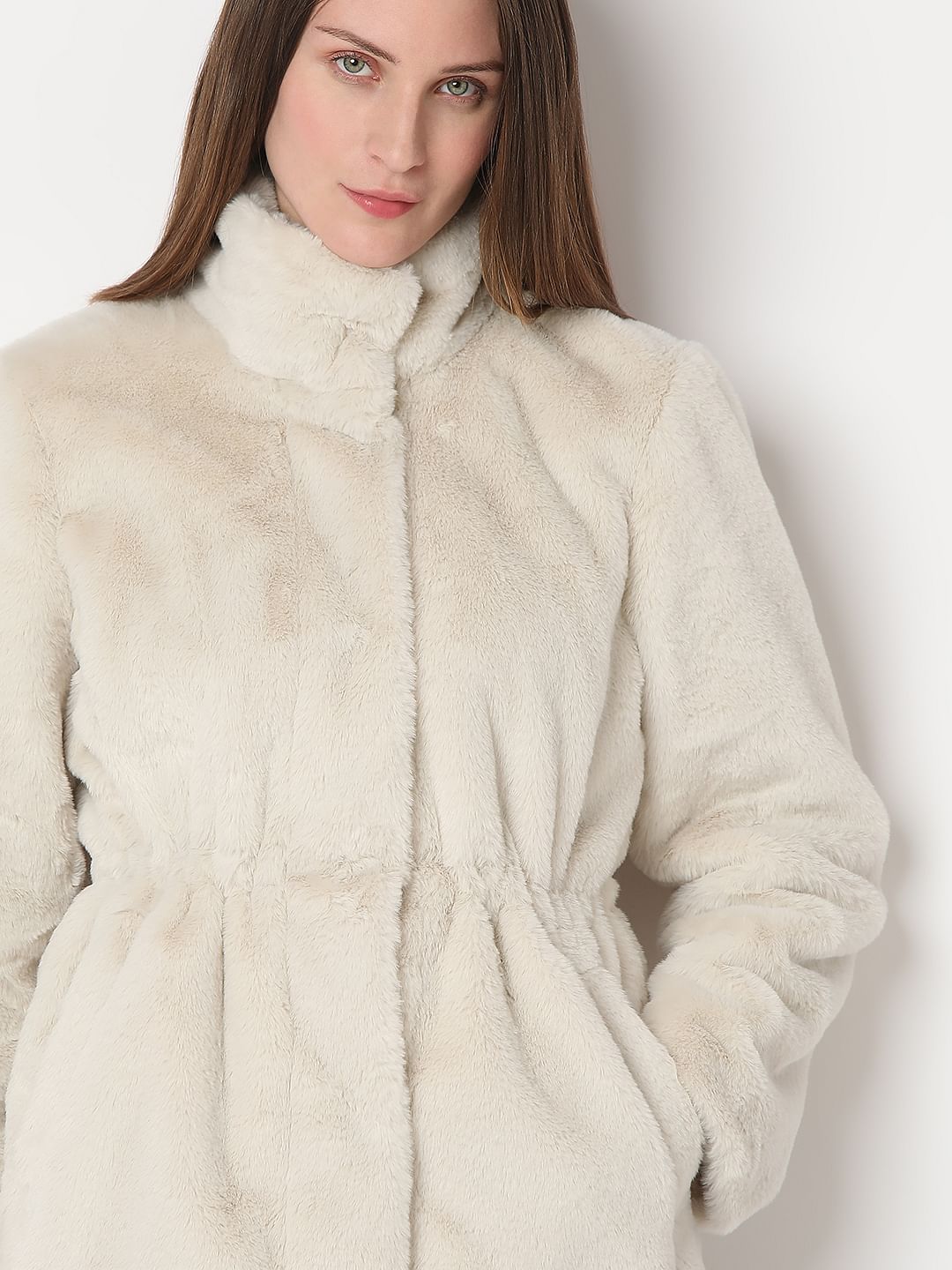 Beige High Neck Faux Fur Jacket