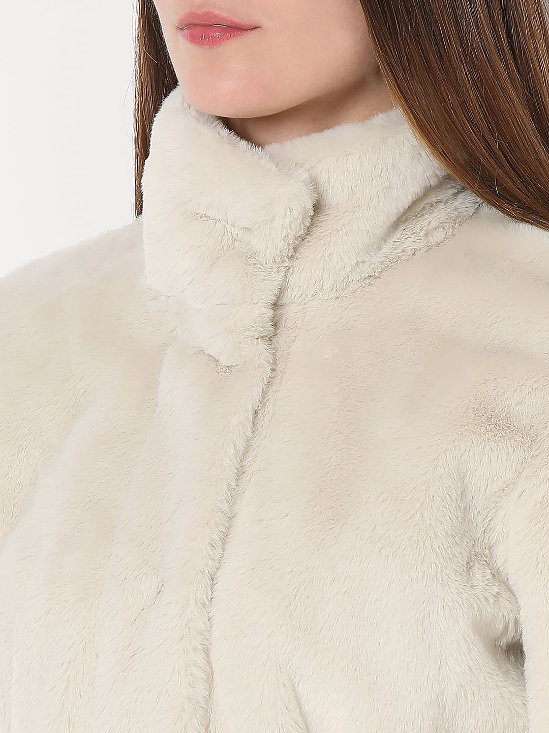Beige High Neck Faux Fur Jacket