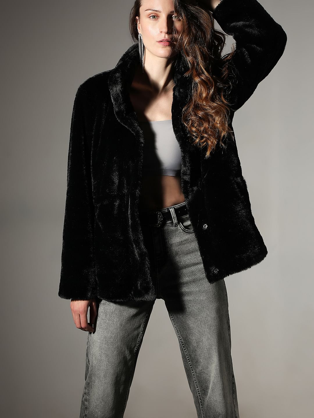 Black High Neck Faux Fur Jacket