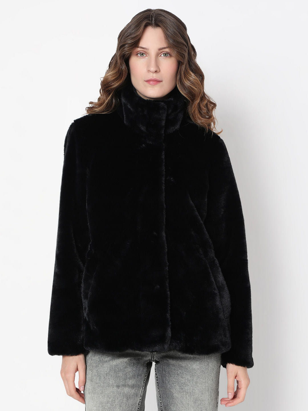 Black High Neck Faux Fur Jacket