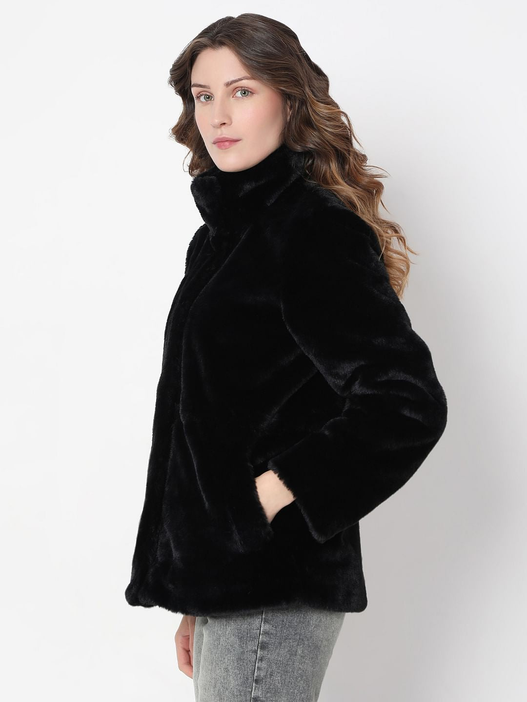 Black High Neck Faux Fur Jacket