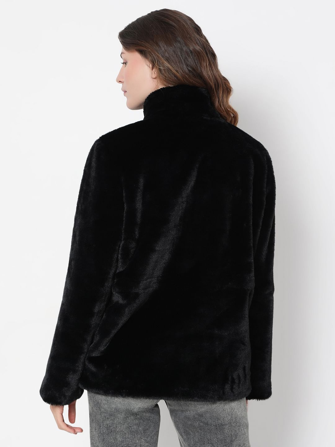 Black High Neck Faux Fur Jacket