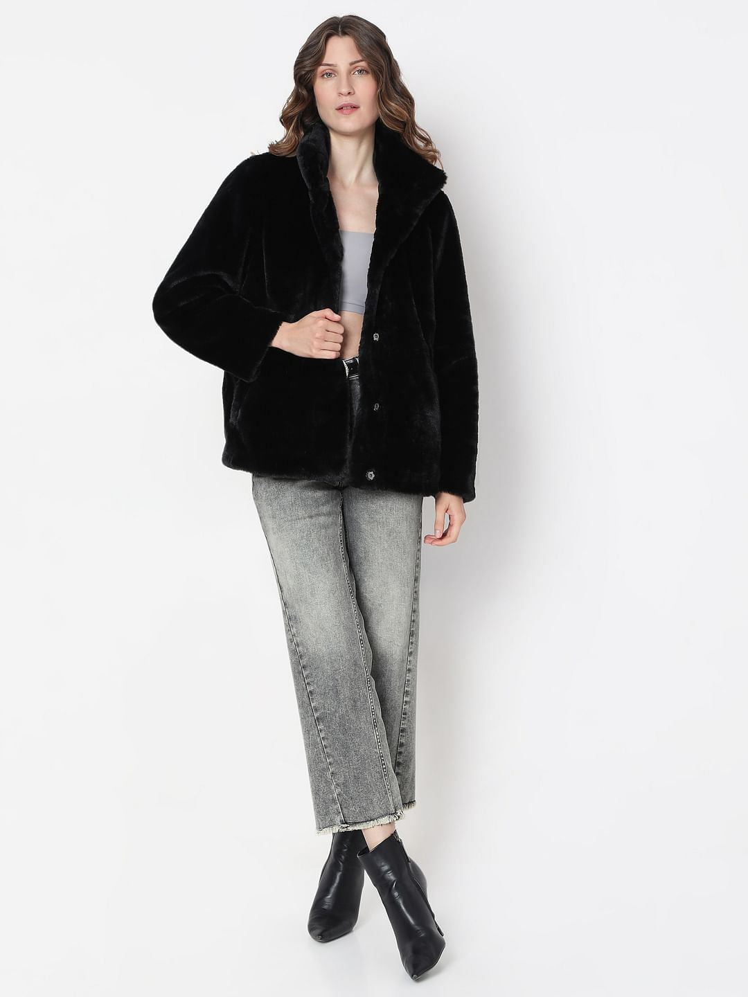 Black High Neck Faux Fur Jacket