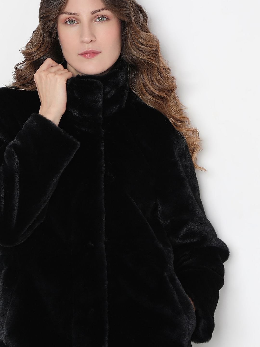 Black High Neck Faux Fur Jacket