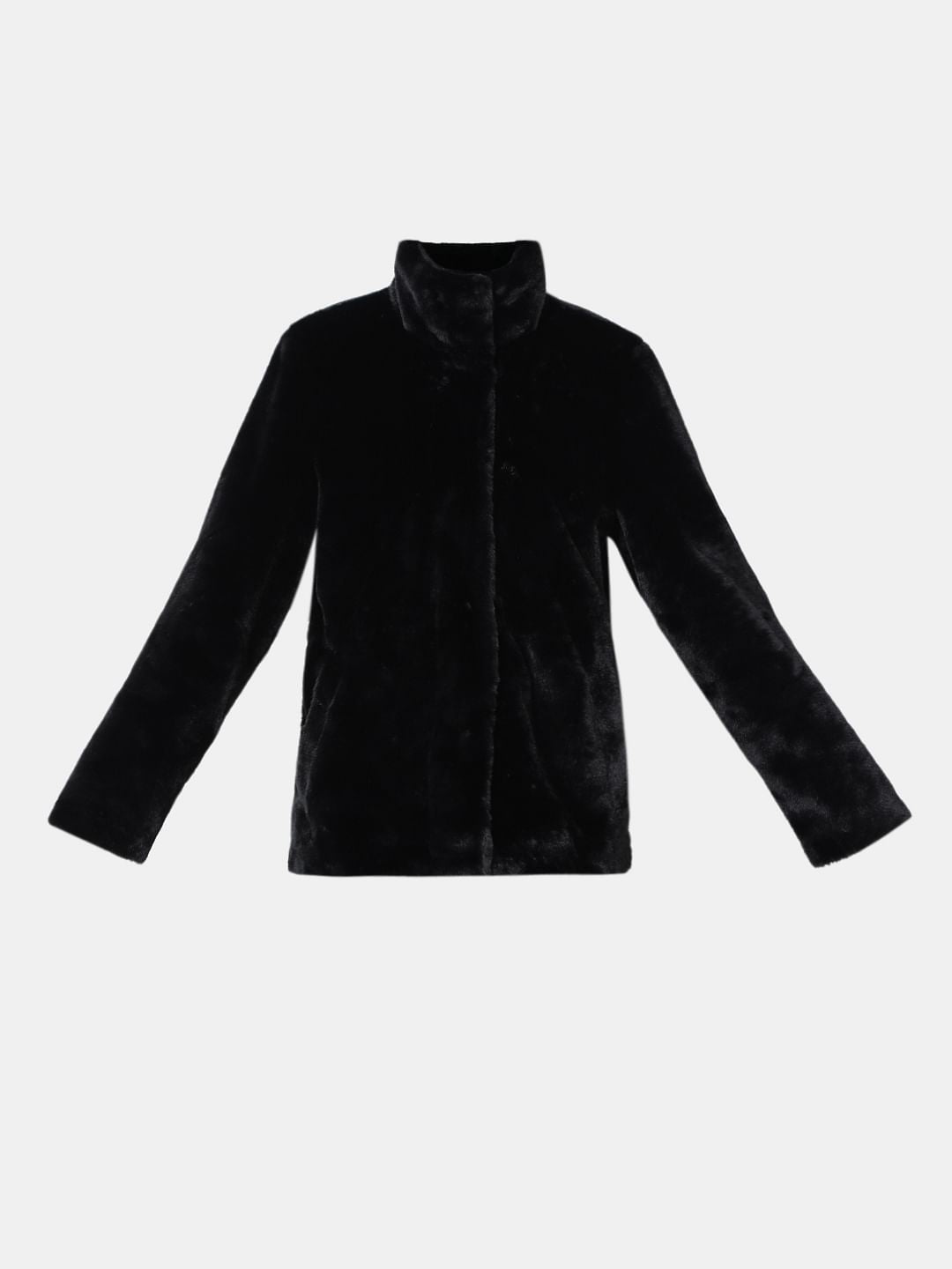 Black High Neck Faux Fur Jacket