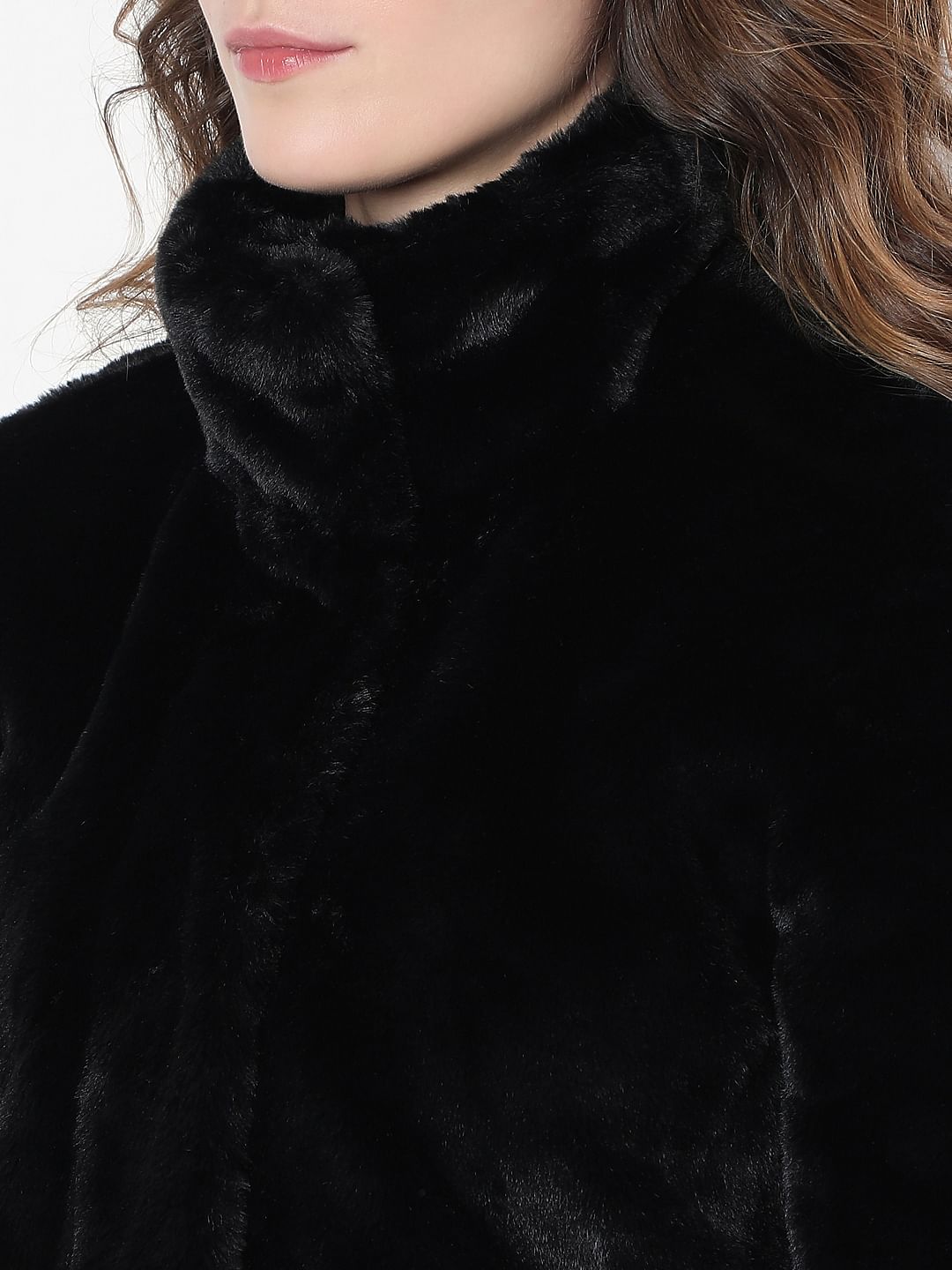 Black High Neck Faux Fur Jacket